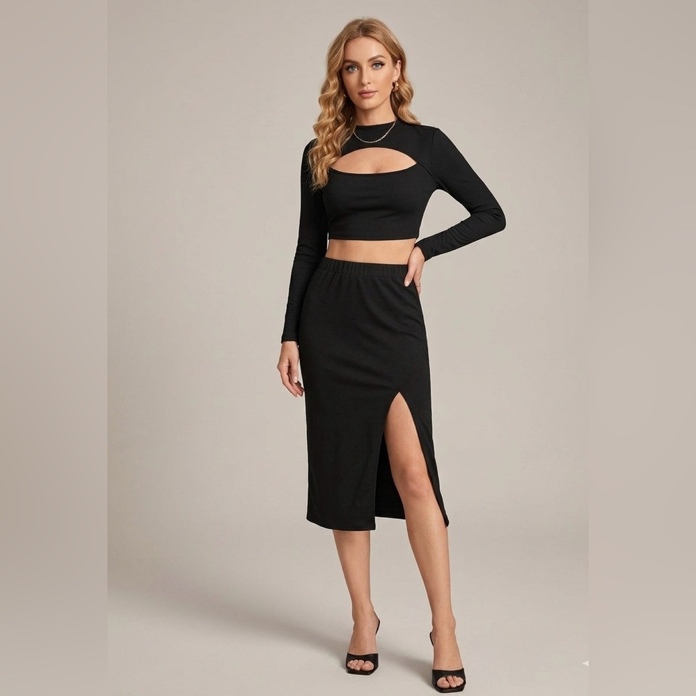 SHEIN Black High-Slit Midi Skirt and Top